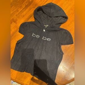 RARE bebe Black Sleeveless Hoodie Rhinestone Logo with lace detailingSize Medium